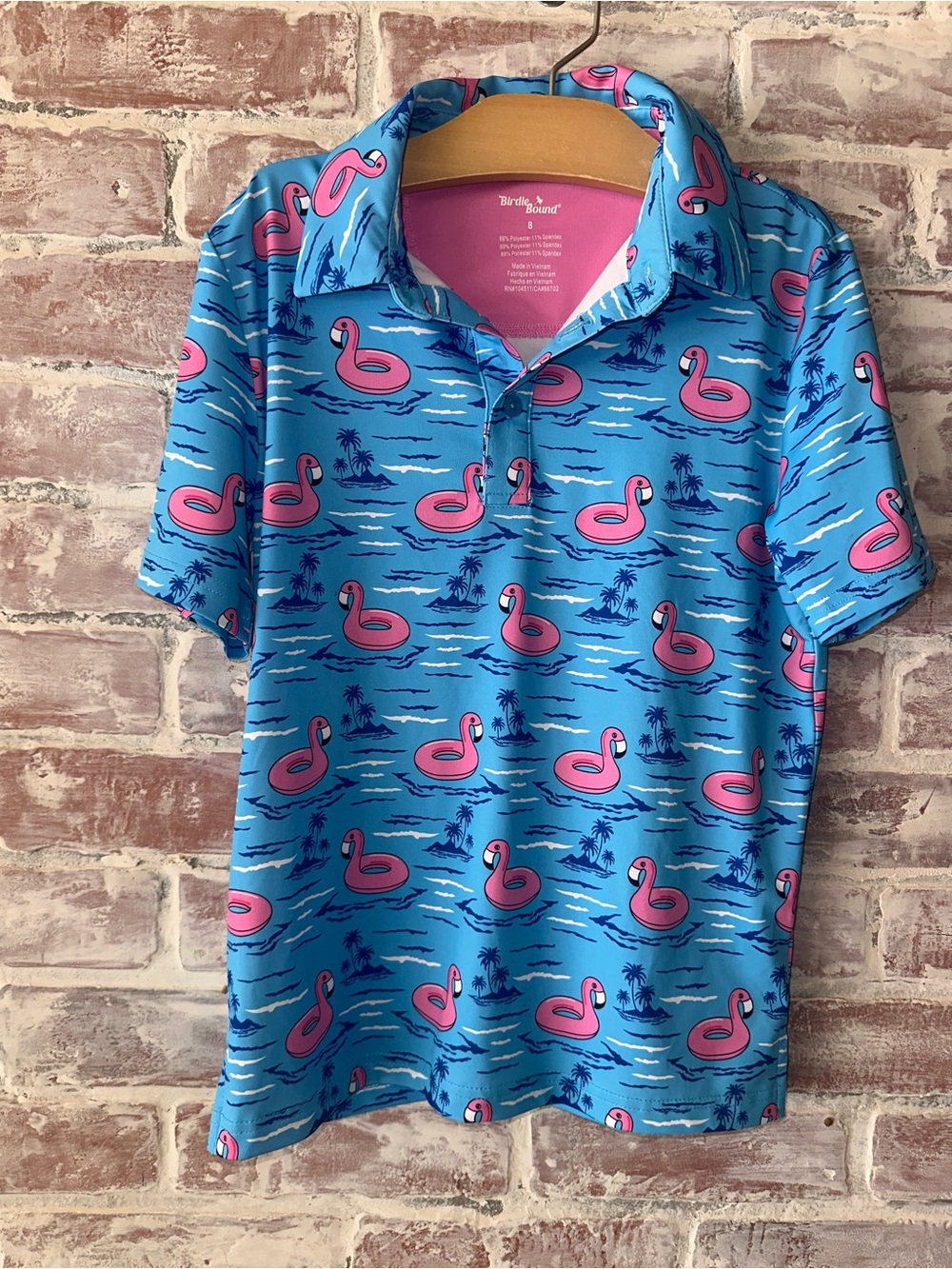 Birdiebound Blue Kids' Polo with Pink Flamingo